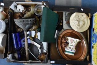 Two Boxes of Various Sundries to Include Metalwares, Plaques, Ceramics Etc