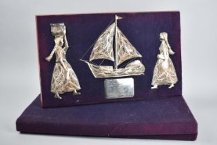 A Presentation Filigree White Metal Board with Sailing Ship and Figures, Presentation Plaque Dated