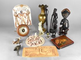 A Box of Sundries to include Indian Brass Vase, Printed Icon, Ships Wheel Barometer, African