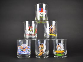A Set of Six 1984 Olympics Los Angeles Tumblers Decorated with Sports Scenes to Include Running,