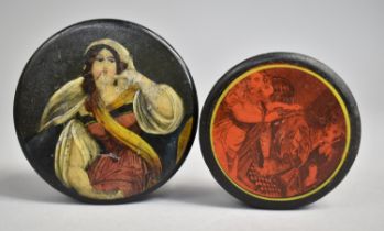 Two 19th Century Circular Papier Mache Snuff Box with Printed and Painted Decoration, 8.25cms and