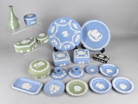 A Collection of Wedgwood Jasperware to Comprise Lidded Boxes, Candle Sticks, Plates, Dishes etc