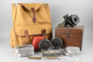 A Vintage Canvas Fishing Bag Containing Various Fishing Items to Comprise Wooden Cased Luxor Pezon