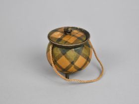 A Victorian Tartanware Lidded Cauldron, Tripod Feet and String Handle in Yellow and Green Colourway,