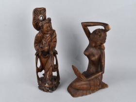 A Chinese Wooden Carving of Immortal (AF) together with a Far Eastern Carving of a Nude Lady