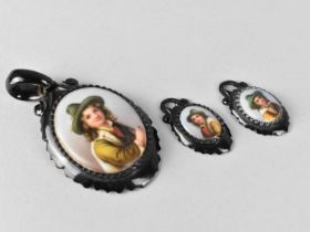 A Victorian Jet Pendant with Oval Porcelain Plaque Having Hand Painted Portrait of a Young Boy
