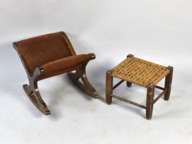 An Early/Mid 20th century Rocking Gout Stool together with a Small Rectangular Rush Topped Stool,