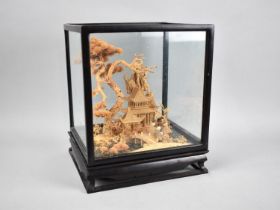 A Cased Chinese Cork Diorama, 24x20x28cms High