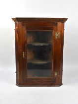 A 19th Century Glazed Wall Hanging Corner Cabinet with Brass H Hinges, Shaped Inner Shelves and