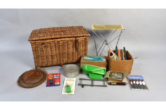 A Wicker Fishing Creel Containing Various Angling Equipment to include Landlines with Floats, Nets - Image 1 of 2