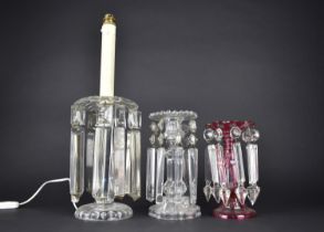 Three Various Glass Lustres to Comprise Victorian Cranberry Overlaid Glass, Plain Glass and a