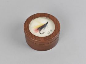 A Small Circular Wooden Lidded Box with Glazed Top having Inset Salmon Fly and Inscribed 'Garry', by