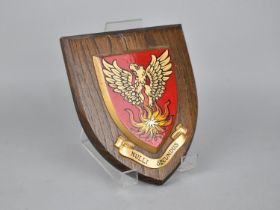 A Wooden Shield Wall Plaque with Motto, "Nulli Secundus", Motto of the Coldstream Guards, 15x18cms