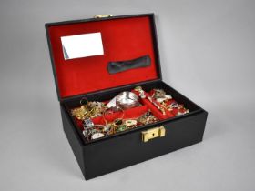 A Fitted Jewellery Box Containing Various Costume Brooches, Rings, Watches Etc