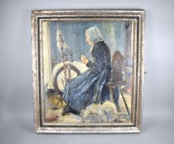 An Oil on Canvas Depicting 19th Century Lady Spinning Wool, in Distressed Slivered Frame, Subject