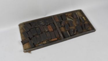 A Vintage Tray Containing Letter Press Wooden Printing Blocks, Some Condition Issues to Tray Etc,