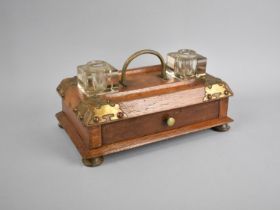 A Late Victorian Oak and Brass Mounted Ink Stand with Fitted Inkwells, Grooves and Base Drawer,