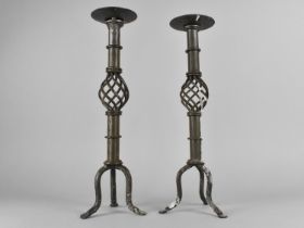 A Pair of Modern Metal Tripod Candle Prickets, 41cms High