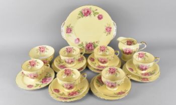 An Aynsley Tea Set Decorated with Pink Roses on Yellow Ground to Comprise Cake Plate, Milk Jug,