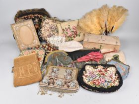 A Collection of Various Vintage Textiles to Comprise Ladies Bags, Embroidered Box, Fan etc