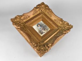A Gilt Framed Miniature Print Depicting Street Urchin Paying Accordion Beside Seated Monkey, 30cms
