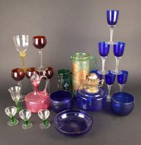 A Collection of Various Coloured Glass to Comprise Blue 19th Century Glass Bowls, Blue Glass