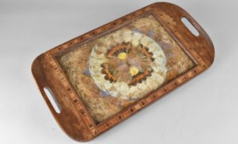 A Continental Inlaid Butterfly Wing Tray with Two Handles, 43x23cms