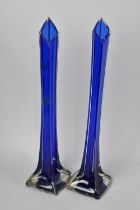 A Pair of Edwardian Tall Blue Glass Needle Vases, 43cms High