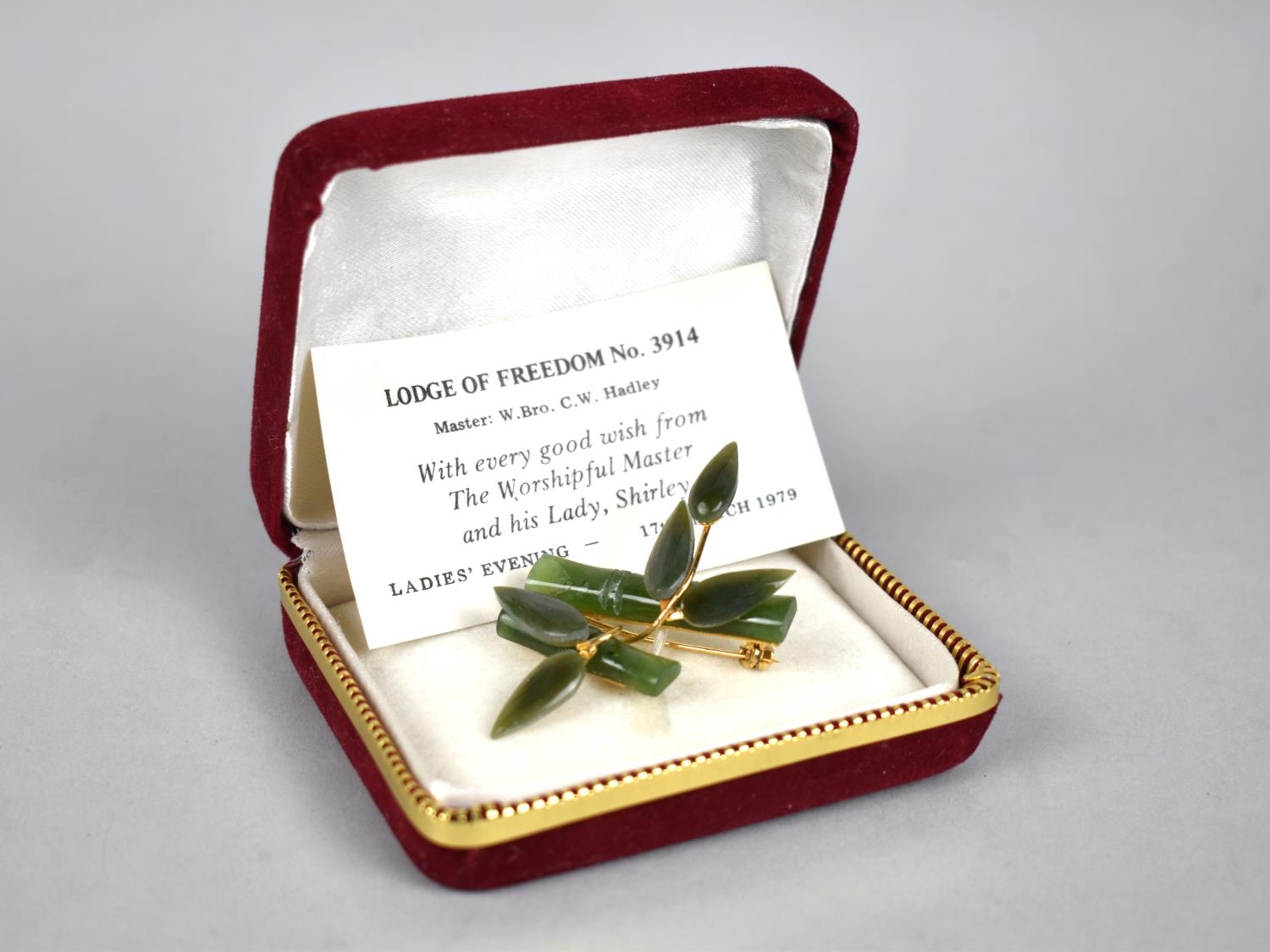 A Jadeite and Gilt Metal Vintage Brooch, In Box with Presentation Card Inscribed for 'Lodge of