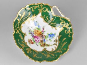 A Limoges Porcelain Leaf Shaped Dish Decorated with Floral Spray Cartouche on Green Ground with Gilt