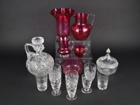 A Collection of Various Late 19th Century Cranberry Glass to Comprise Vase, Jugs and a Bowl Together