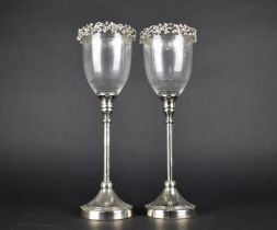 A Pair of Modern Aluminium and Glass Tall Ornamental Goblets with Jewelled Borders, 36cms High