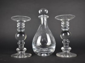 A Pair of Plain Glass Stands with Knopped Supports together with a Nice Quality Decanter