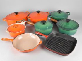 A Collection of Various Le Creuset Cooking Pans, Orange and Green Enamel Examples