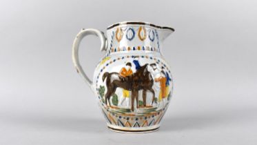 An Early English Relief Jug Decorated with Horse Racing 'Grand National' Scenes in Polychrome