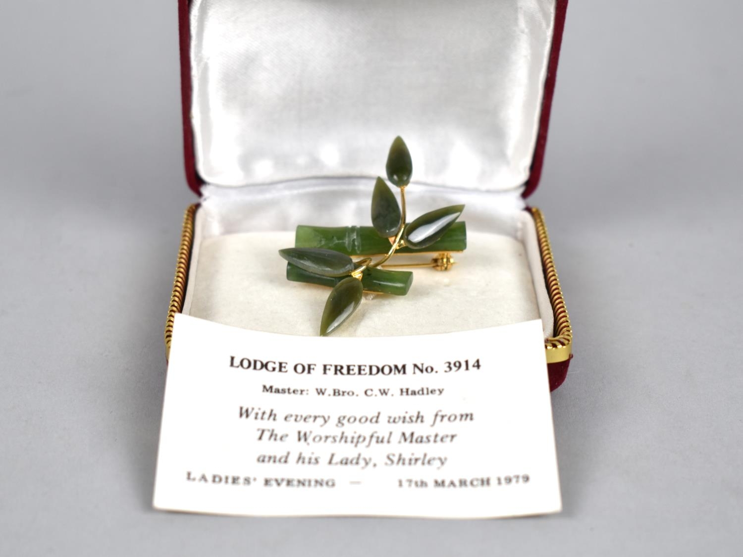 A Jadeite and Gilt Metal Vintage Brooch, In Box with Presentation Card Inscribed for 'Lodge of - Image 2 of 2