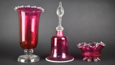 Three Pieces of Late/Early 20th Century Cranberry Glass to comprise Pedestal Vase, Bell and Bowl,