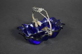 A Cobalt Blue Glass and Silver Handled Sweetmeat Basket The Handle with Rose Head and Leaves