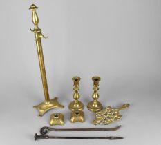 A Collection of Brass to Comprise Candlesticks, Flat Iron Stand etc