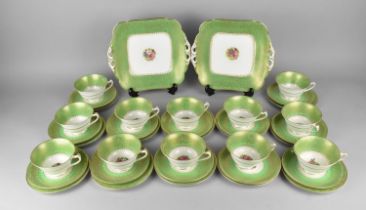 A George Jones & Sons Crescent China Tea Set all Decorated with Floral Spray Cartouche on Green
