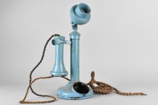 A Vintage Blue Painted Metal Candlestick Telephone, Missing Dial, 32cms High