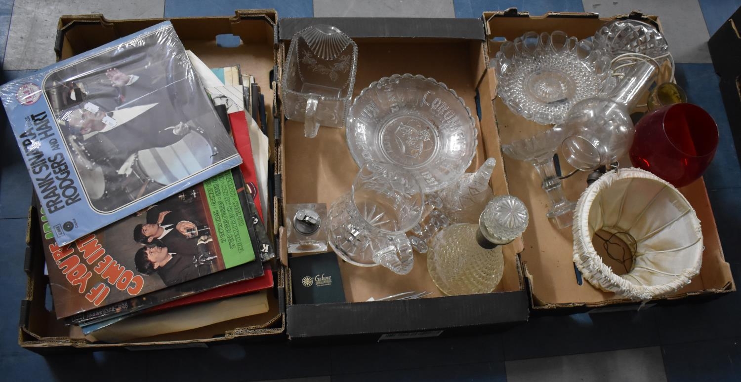 Three Boxes of Various Glassware, Decanter, Records Etc