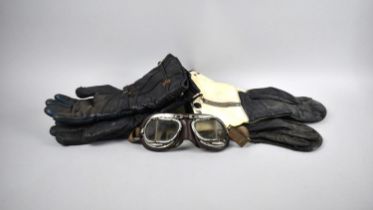 Two Pairs of Vintage Motorcycle Gloves and a Pair of Goggles