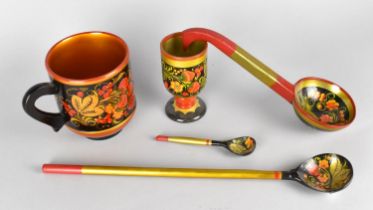 A Collection of Painted Russian Items to include Ladle, Spoons, Tankard Etc