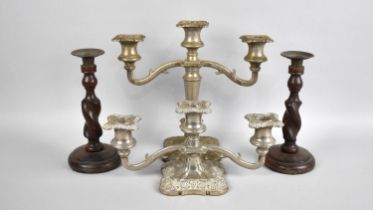 Two Graduated Silver Plate Three Branch Candelabra together with a Pair of Oak Barley Twist