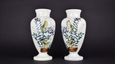 Late Victorian/Edwardian Opaque Glass Vases with hand Painted Decoration Depicting Birds in Foliage,