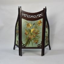A Late Victorian Mahogany Framed Three Section Fire Screen with Painted Green Glass Panels, 93cms