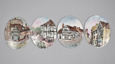 A Set of Four Oval Enameled Depicting Half Timbered Houses, All Monogrammed JAW, 7.5cms High