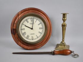 A 19th Century Brass Candlestick, A Vintage Sharpening Steel and a Smiths Wall Clock with Battery