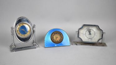 Three Art Deco Clocks to Comprise Demi Lune Blue Engine Turned Enamel Travel Clock with 8 Day